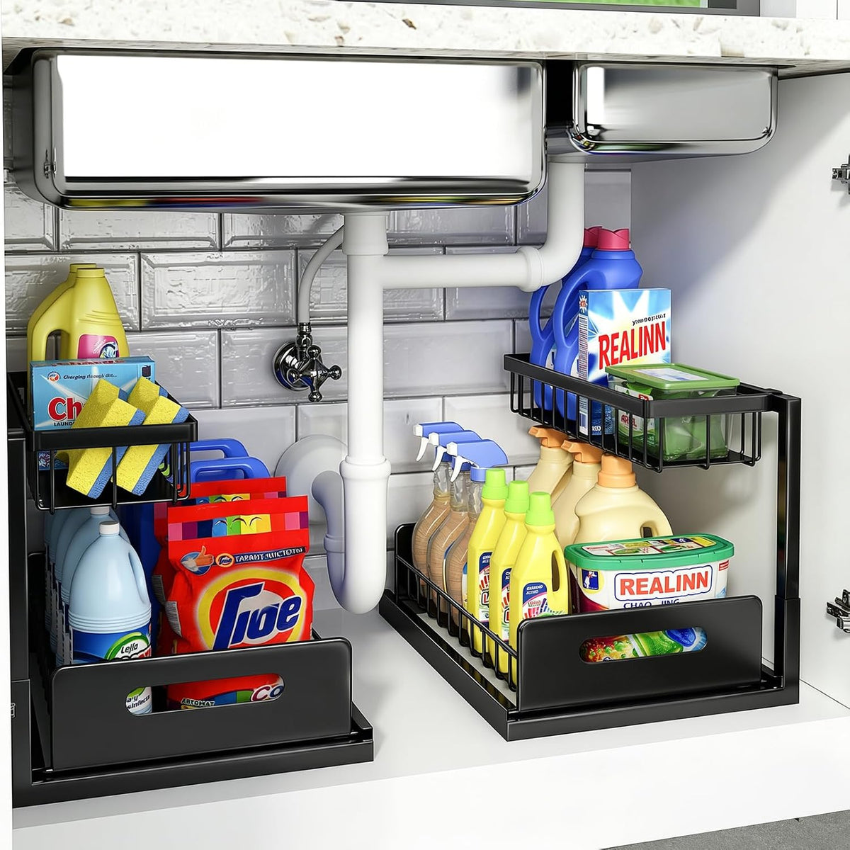 L-Shaped Under Sink Organizer, 2-Tier Pull Out Shelf