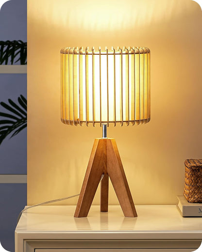 Tripod Table Lamp, Wood Base & Linen Shade, 14.2 Inch