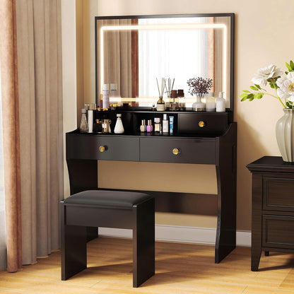 Vanity Desk with LED Mirror & Power Outlet, 5 Drawers