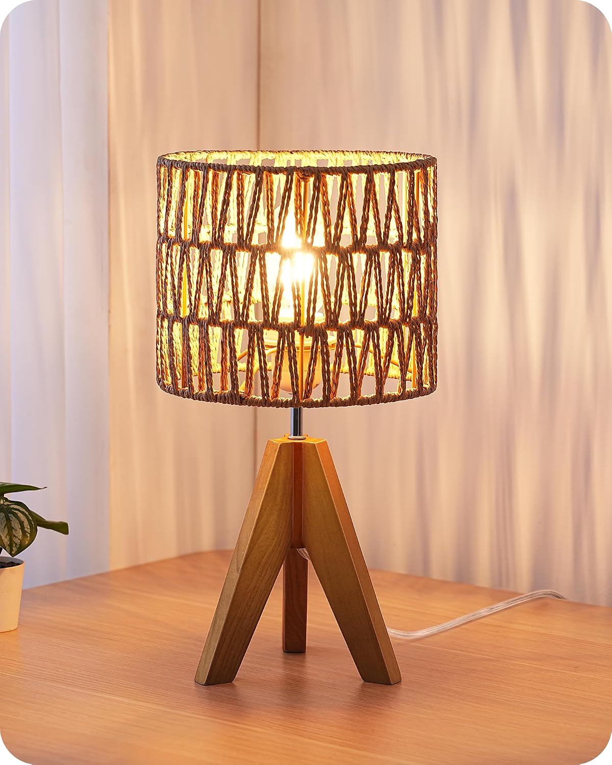 Tripod Table Lamp, Wood Base & Linen Shade, 14.2 Inch