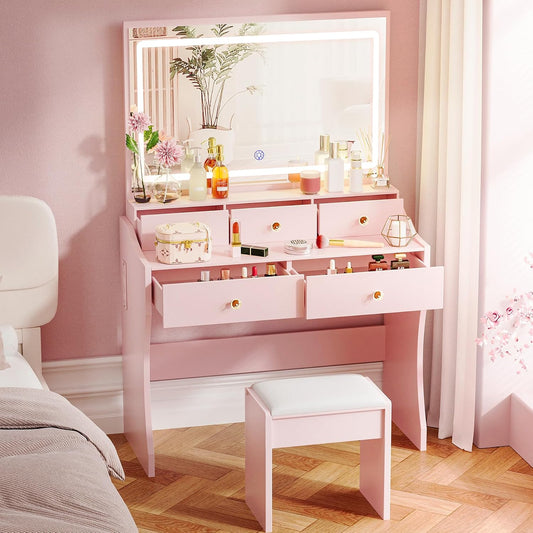 Vanity Desk with LED Mirror & Power Outlet, 5 Drawers