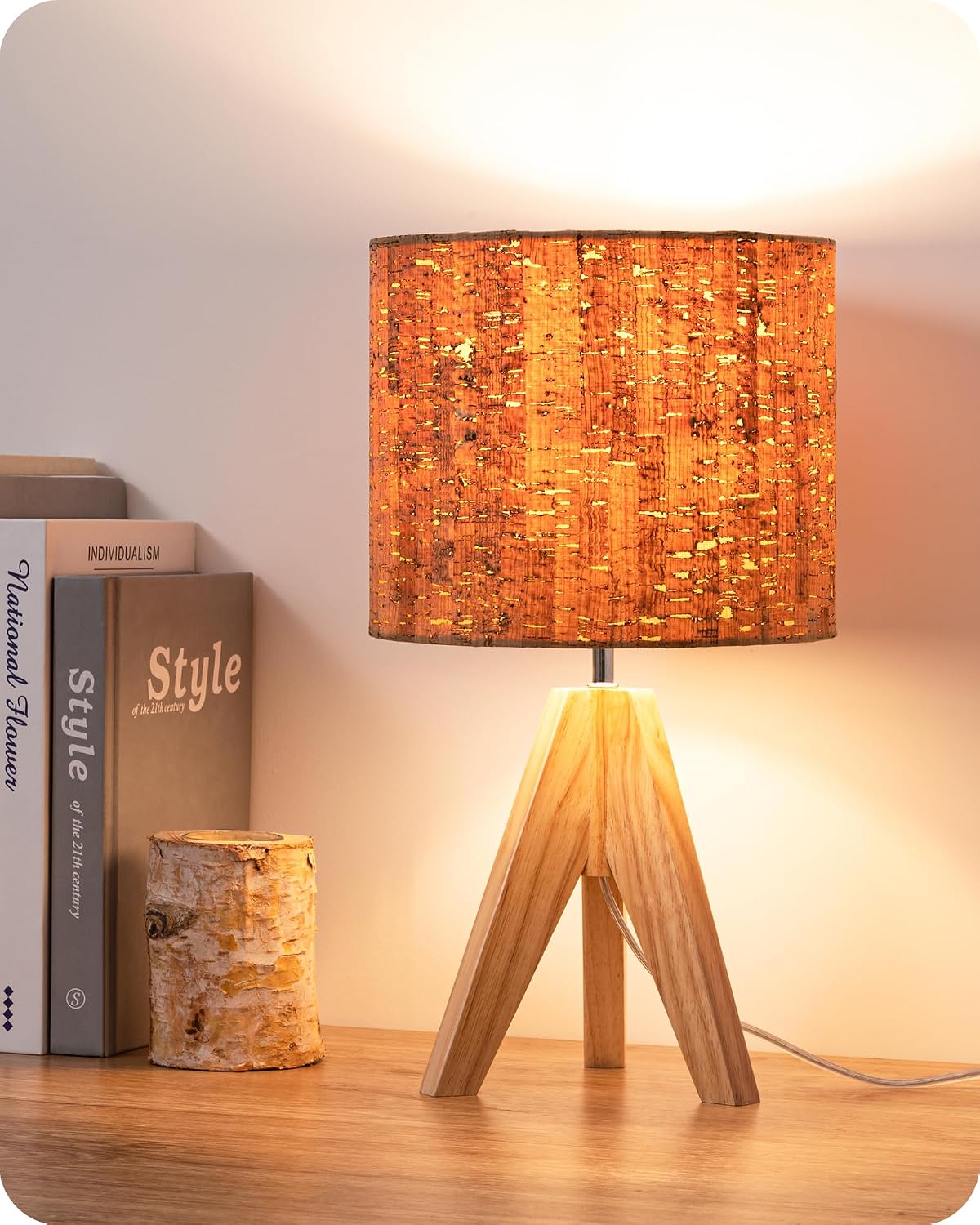 Tripod Table Lamp, Wood Base & Linen Shade, 14.2 Inch