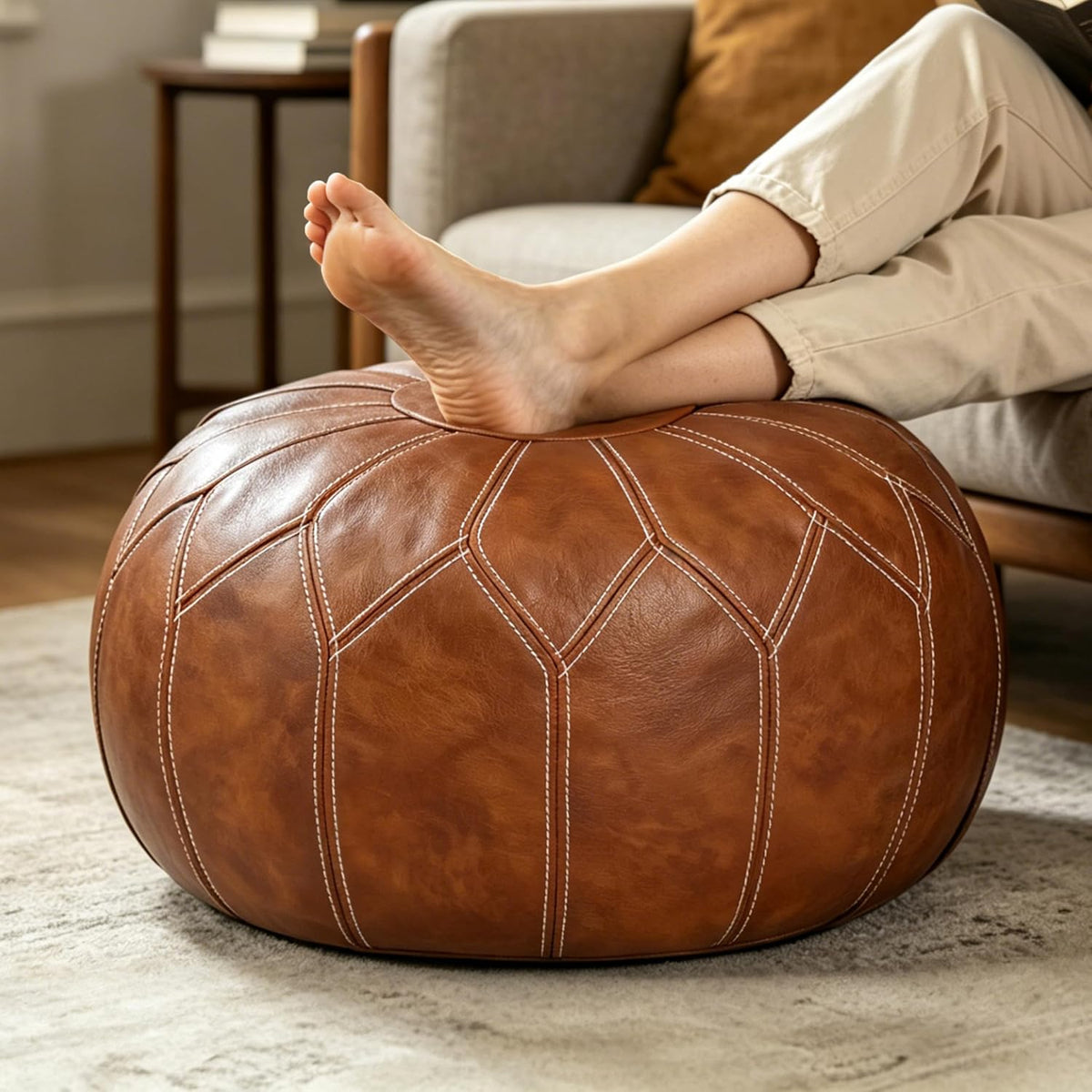 Faux Leather Pouf Ottoman Cover, Unstuffed, Brown