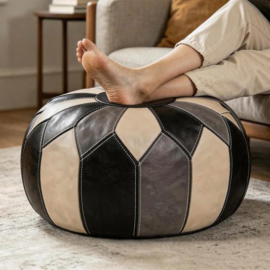 Faux Leather Pouf Ottoman Cover, Unstuffed, Brown