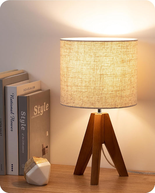 Tripod Table Lamp, Wood Base & Linen Shade, 14.2 Inch
