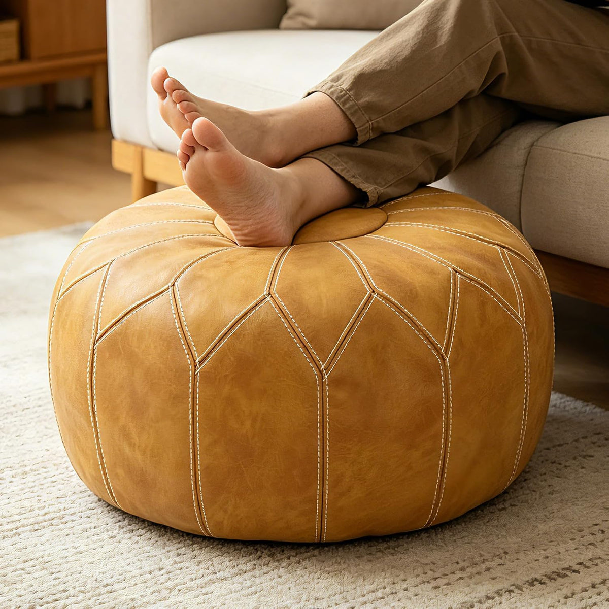 Faux Leather Pouf Ottoman Cover, Unstuffed, Brown