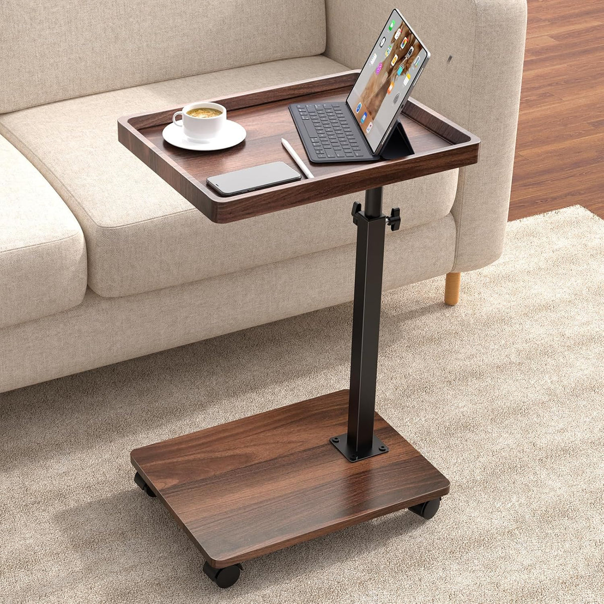 Adjustable Height C Table – 360° Swivel Couch Side Table, Slides Under Sofa, Walnut Brown