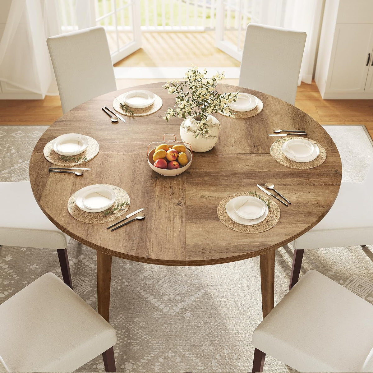 31.5" Round Dining Table for 4, Steel Frame, Oka Beige